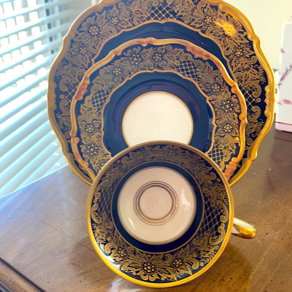 WEIMAR GERMANY  COBALT BLUE & HEAVY GOLD ~ DORA ~  TRIO SET
CUP , SAUCER , PLATE